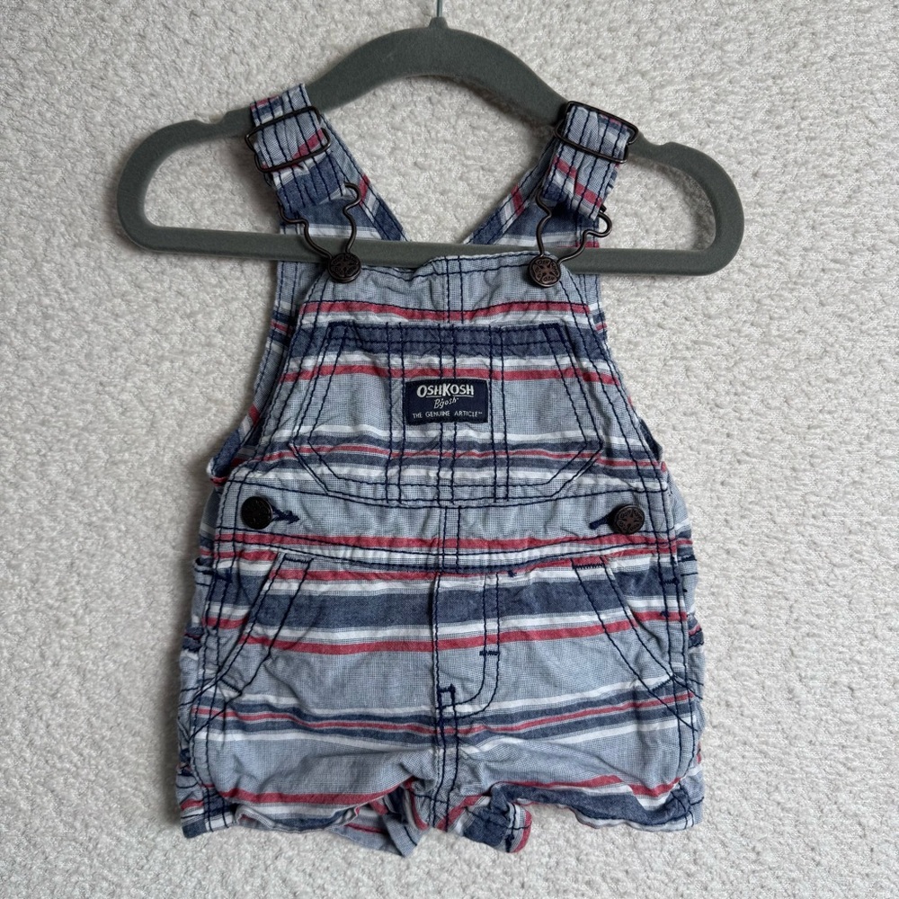 Osh Kosh B’Gosh Baby 100% Cotton Red White Blue Stripe Short Overalls 3 Months